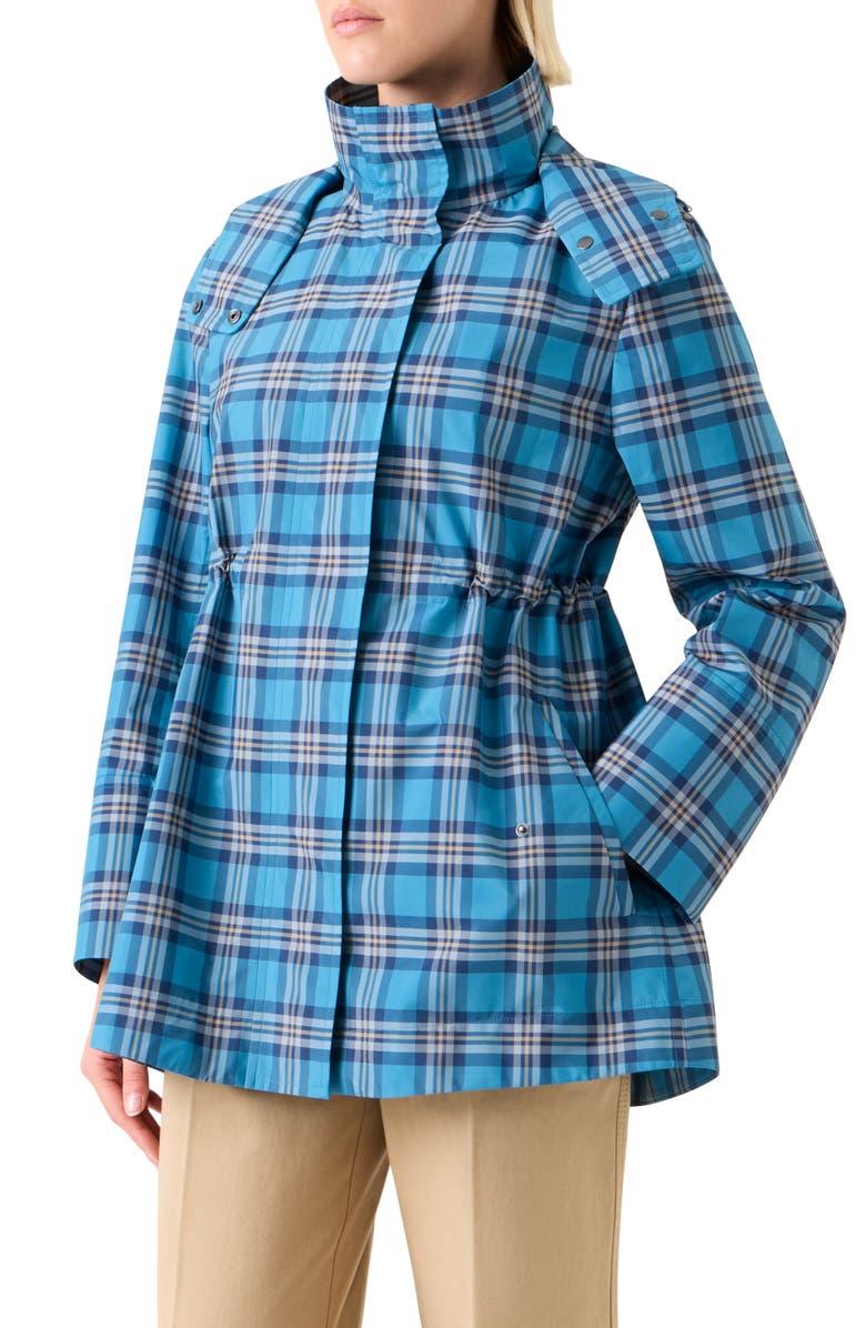 Akris punto Tartan Taffeta Hooded Coat, Alternate, color, Blue/ Beige