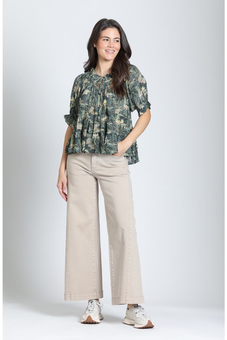 Ruched Neck Tiered Top, Alternate, color, OLIVE/SANDSTONE