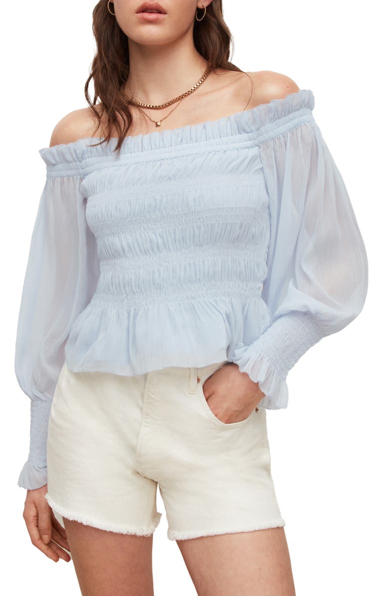 AllSaints Lara Shirred Off-The-Shoulder Peplum Top, Main, color,