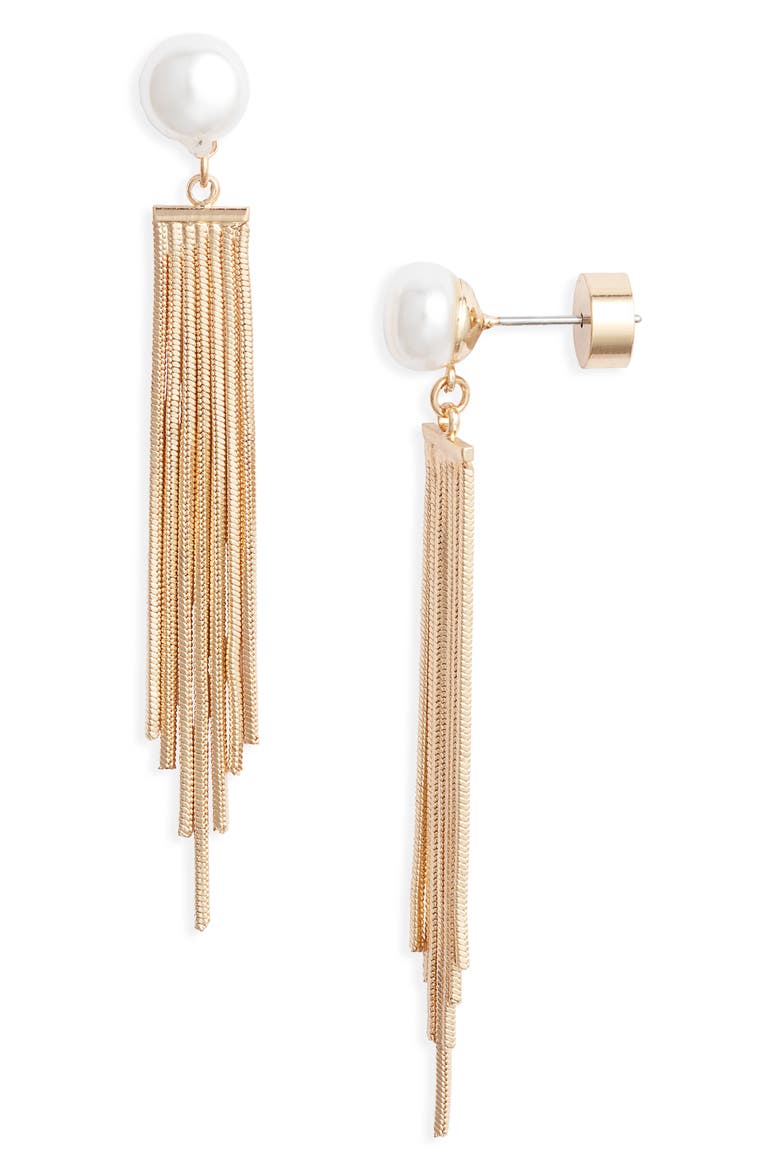 Chain Fringe Faux Pearl Drop Earrings, Main, color, WHITE- GOLD