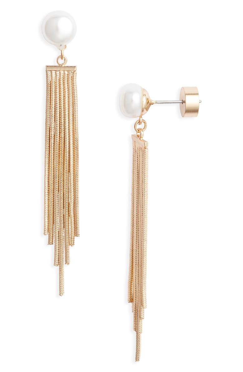 Nordstrom Chain Fringe Faux Pearl Drop Earrings, Main, color, White- Gold