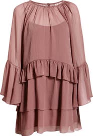 Open Edit Long Sleeve Tiered Chiffon Dress
