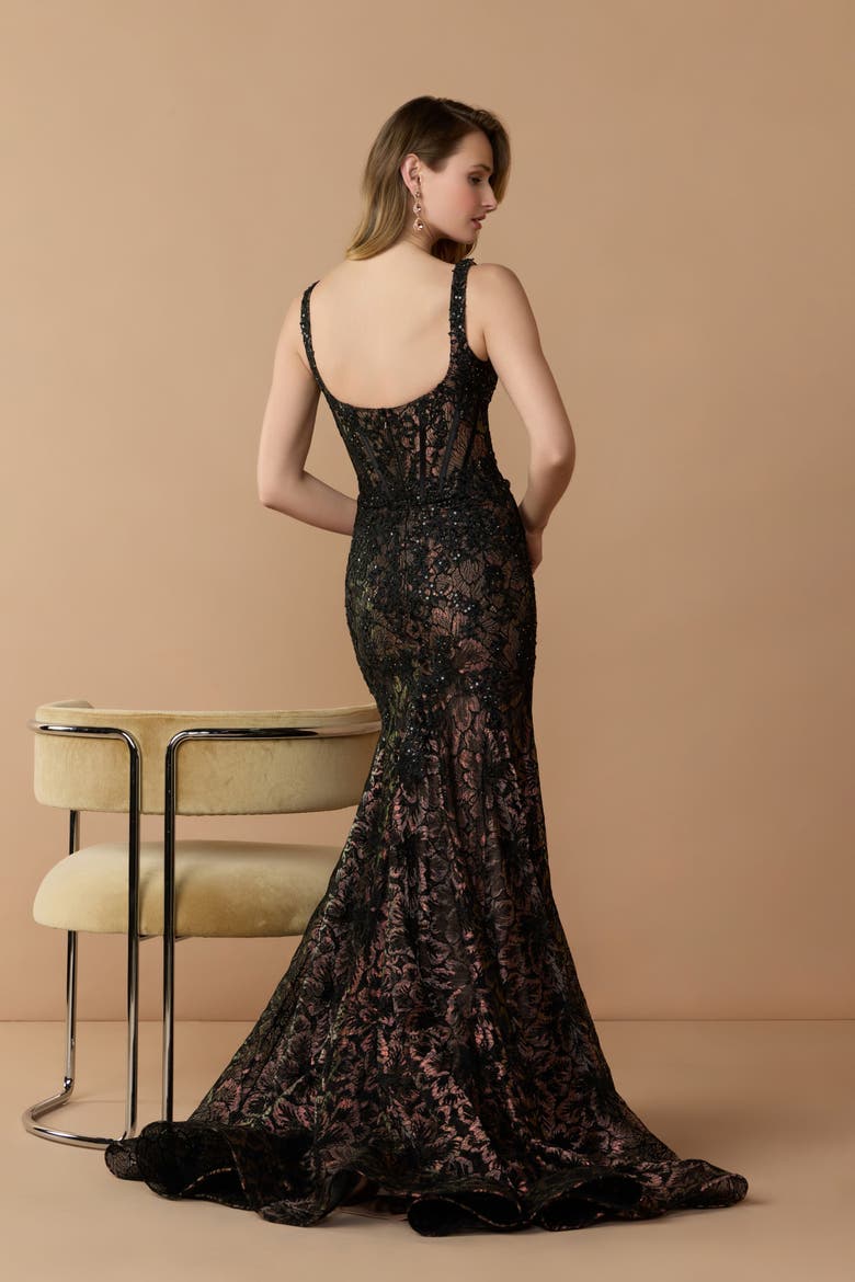 Embellished Mesh Sleeveless Trumpet Gown, Alternate, color, Black