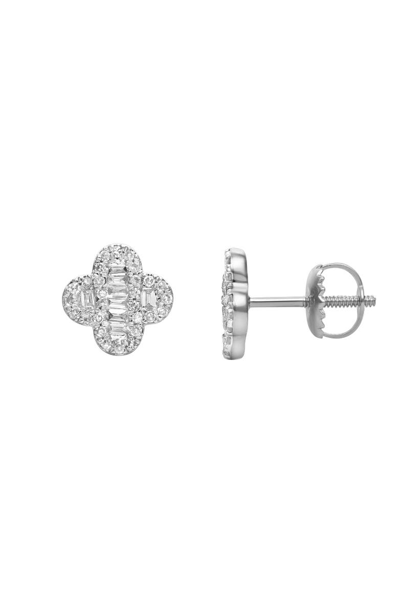 Alina Baguette & Round-Cut Diamond Clover Stud Earrings in 14K Gold, Alternate, color, 14K White Gold