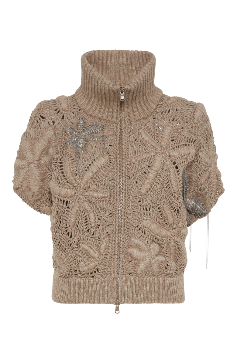 Brunello Cucinelli Handmade Flower Crochet OPERA cardigan in cashmere Feather yarn, Main, color, 