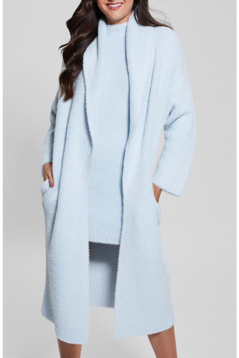 Vero Fuzzy Shawl Collar Longline Cardigan, Main, color, SKY HIGH