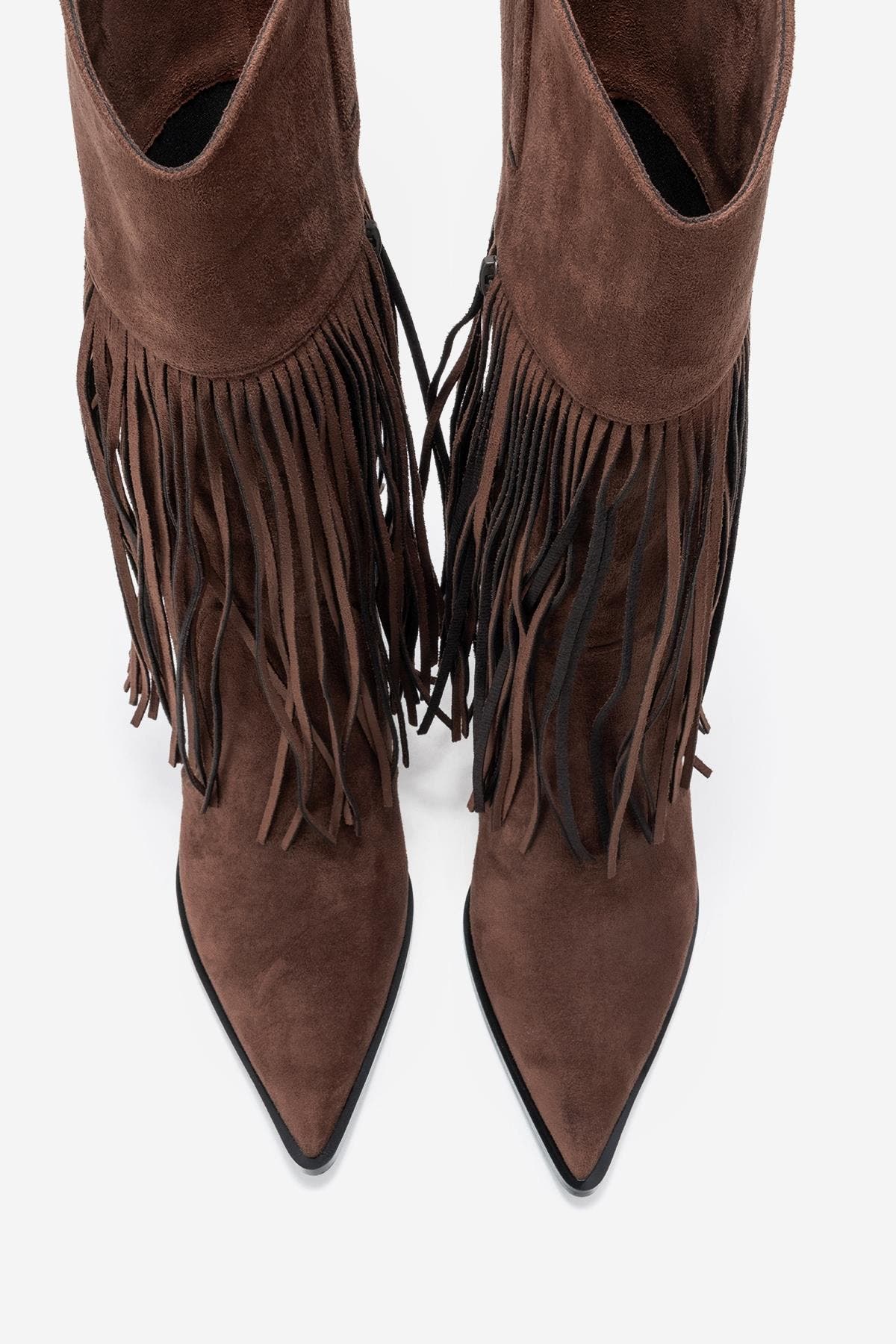 Gueras Fringe Pointed Toe Boot, Alternate, color, Brown Suede Faux Leather