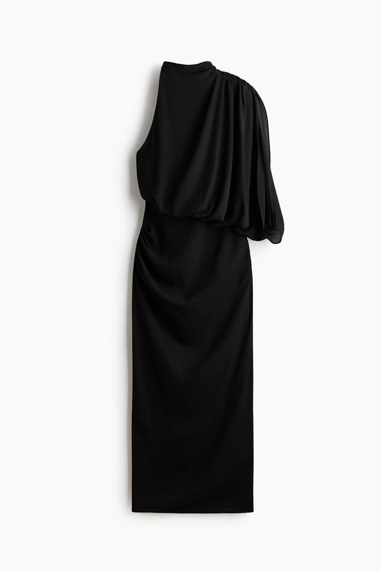Draped One-shoulder Dress, Alternate, color, Black