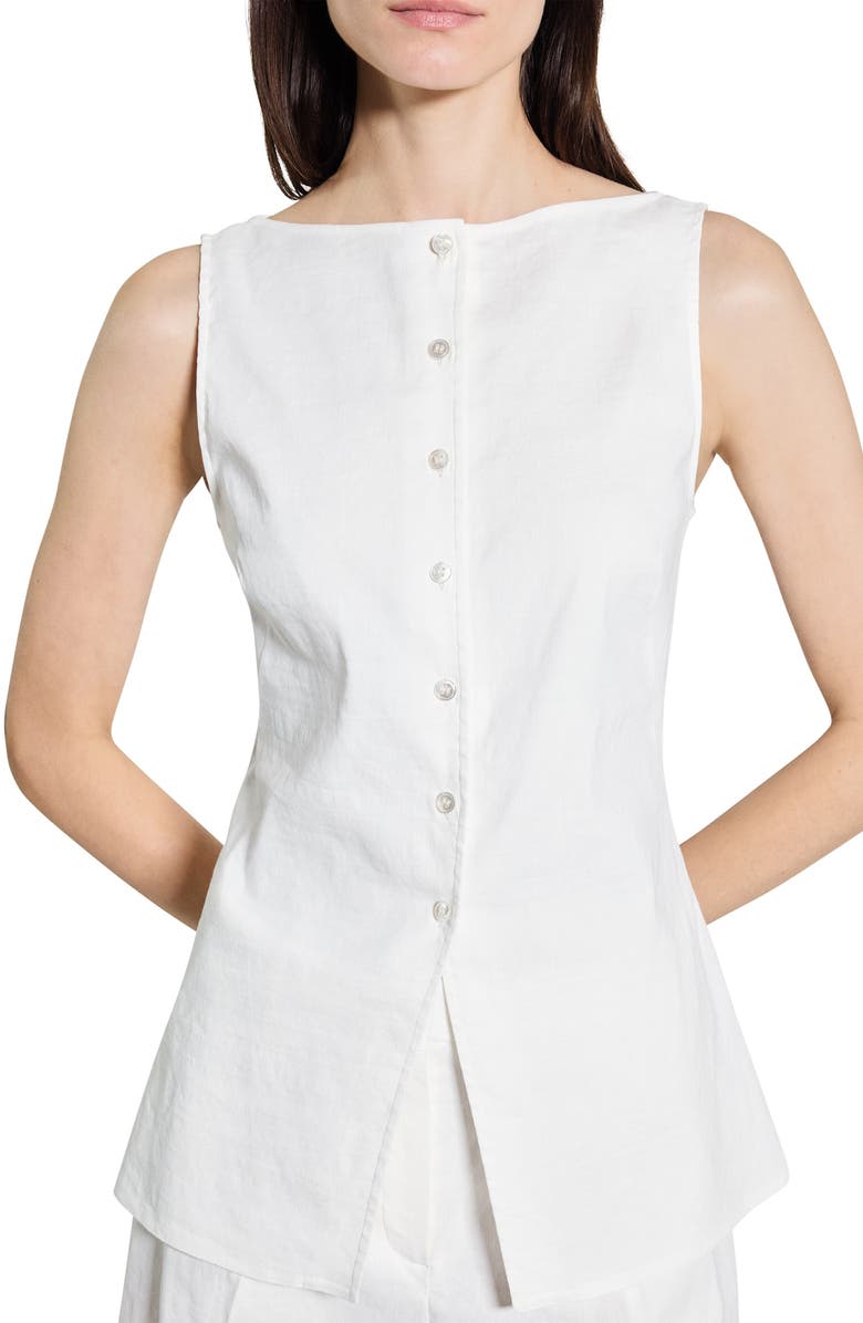 Theory Boatneck Sleeveless Linen Blend Button-Up Shirt, Alternate, color, White