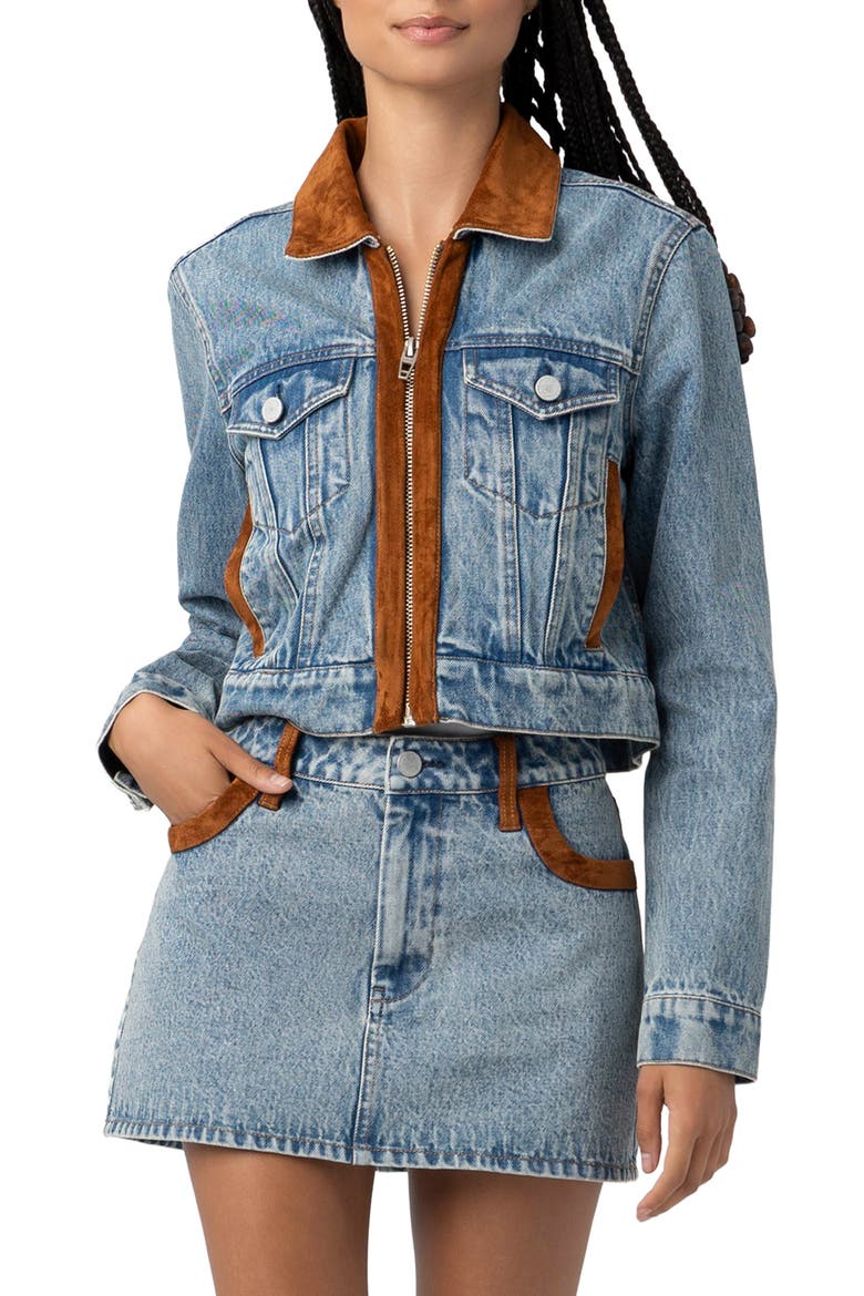 Faux Suede Trim Denim Trucker Jacket, Main, color, RODEO DRIVE
