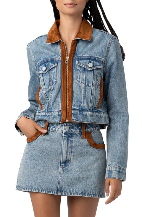 Faux Suede Trim Denim Trucker Jacket