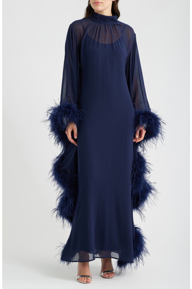 Sheer Feather Trim Dress, Main, color, MIDNIGHT