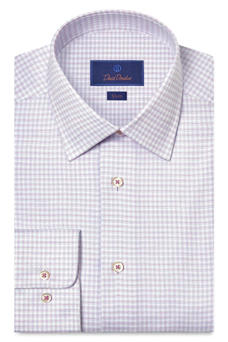 Slim Fit Microcheck Stretch Cotton Twill Dress Shirt, Main, color, WHITE/ BERRY