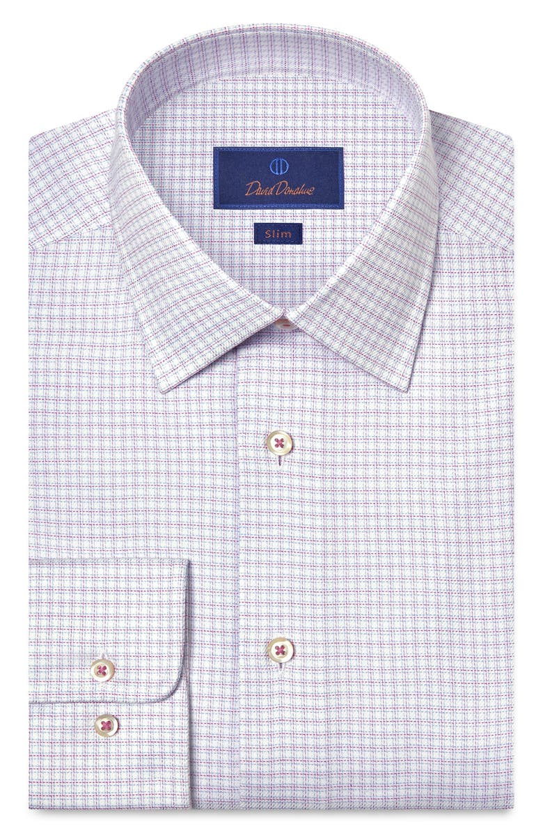 David Donahue Slim Fit Microcheck Stretch Cotton Twill Dress Shirt, Main, color, White/ Berry