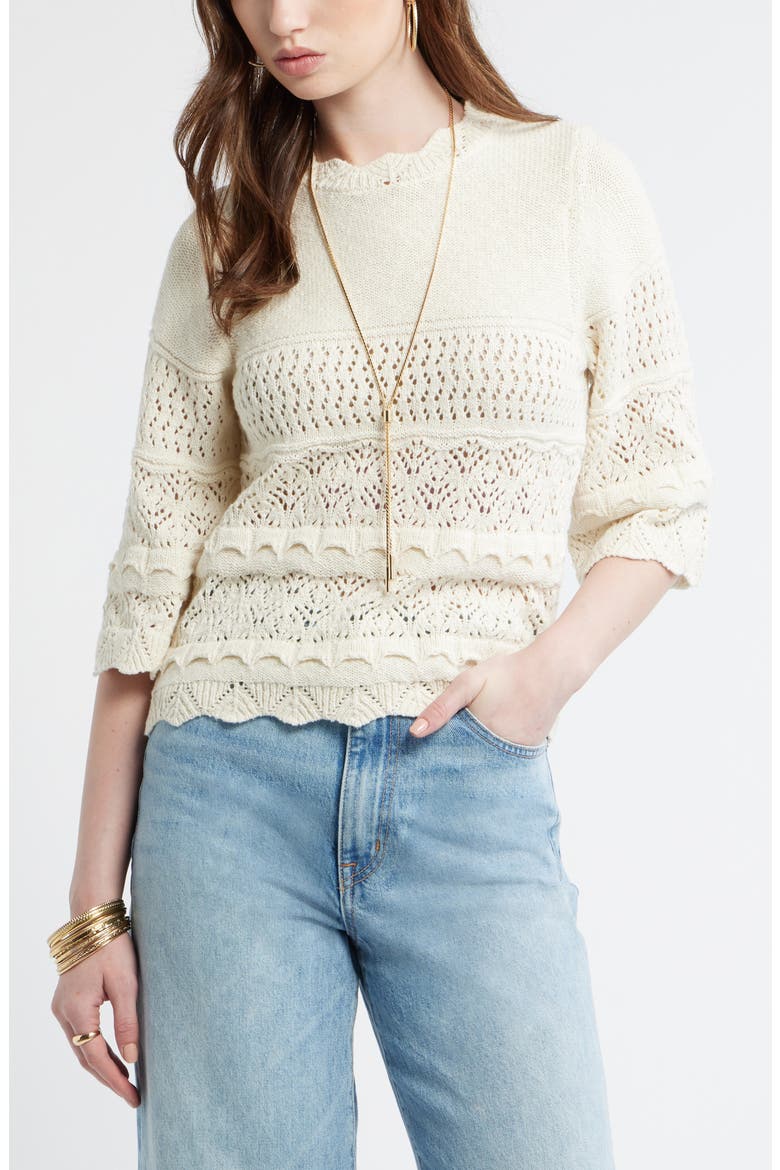 Pointelle Knit Scallop Trim Cotton Sweater, Main, color, IVORY DOVE