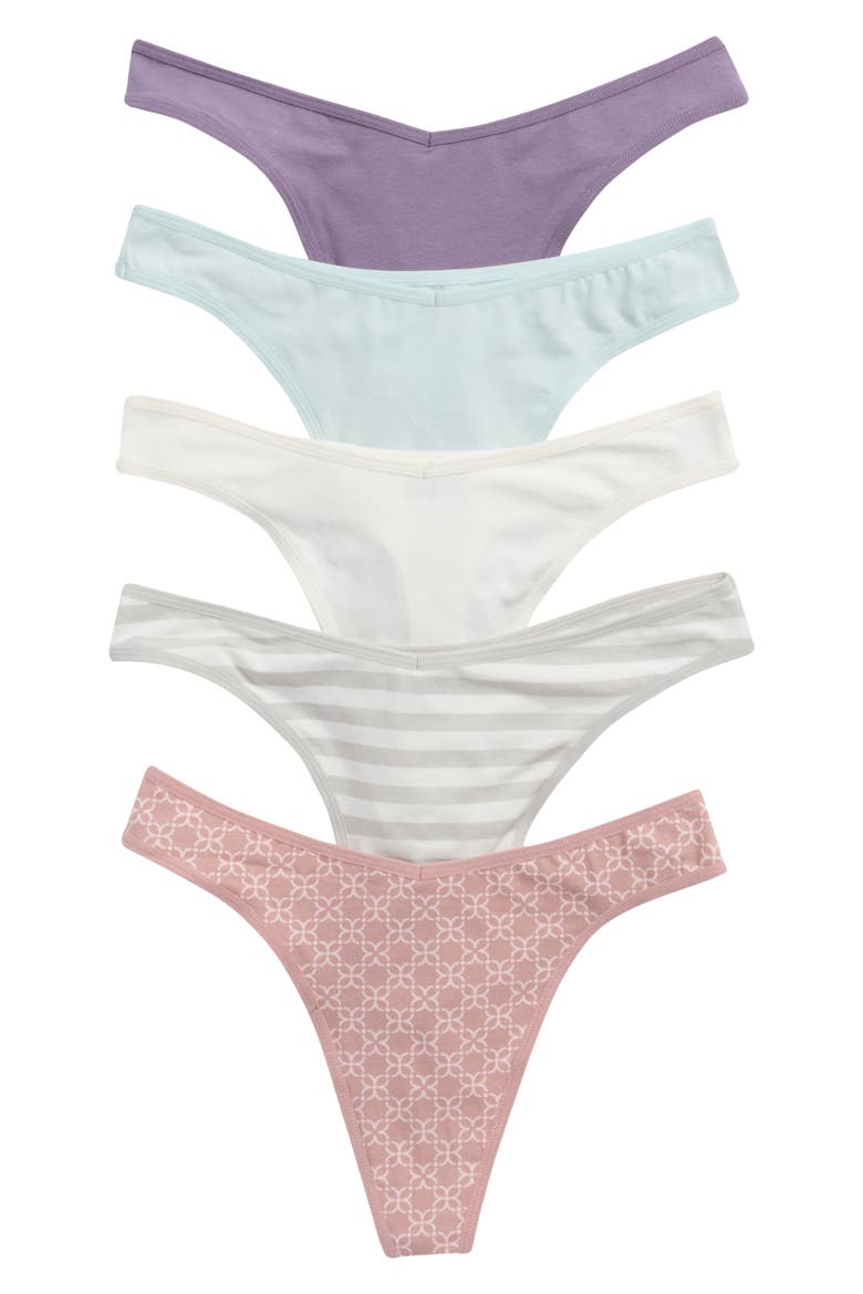 Assorted 5-Pack Stretch Cotton Thongs, Alternate, color, TEAL MIST MULTI