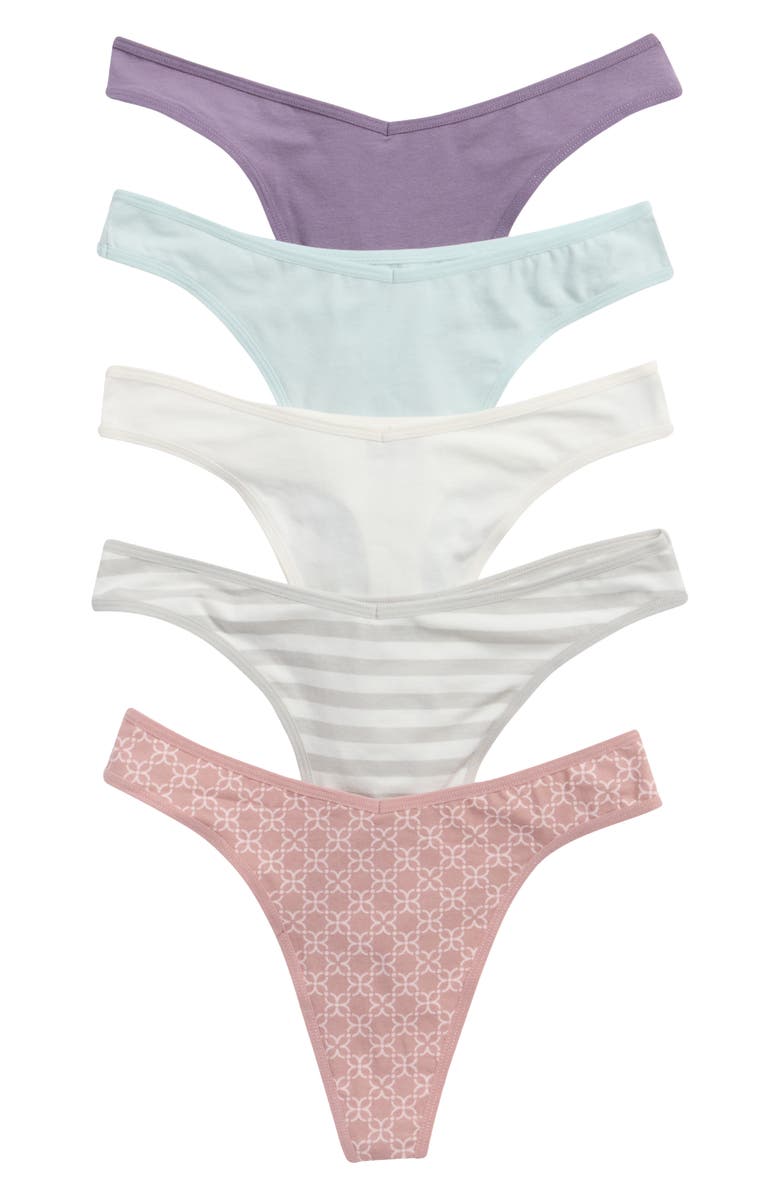 NORDSTROM RACK Assorted 5-Pack Stretch Cotton Thongs, Alternate, color, Teal Mist Multi