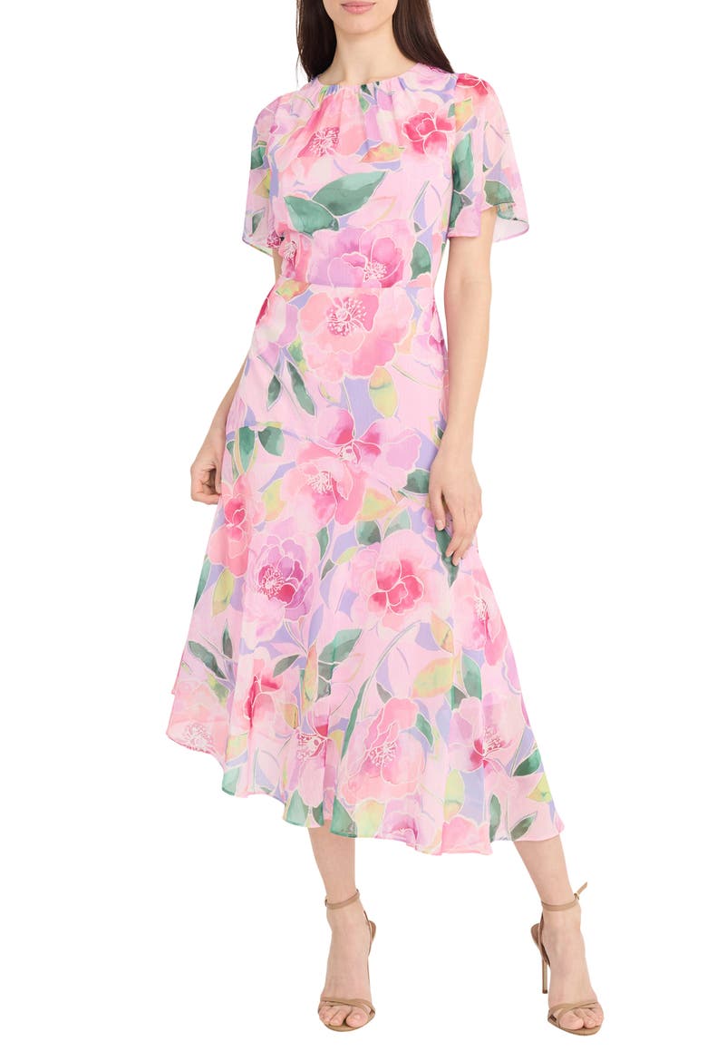 Floral Asymmetric Hem Midi Dress, Main, color, LAVENDAR/ PINK