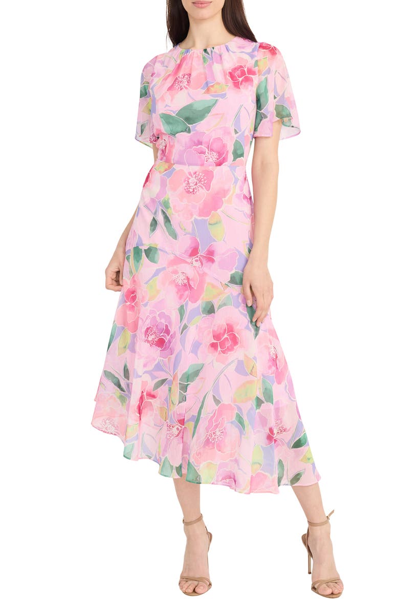 Maggy London Floral Asymmetric Hem Midi Dress, Main, color, Lavendar/ Pink