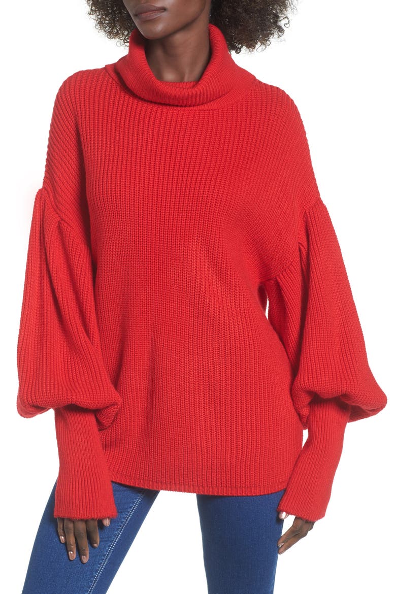 Balloon Sleeve Turtleneck Sweater, Main, color, RED