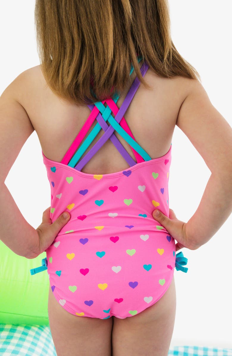 RuffleButts Kids' Colorful Heart Strappy UPF 50+ One-Piece Swimsuit, Alternate, color, Pink