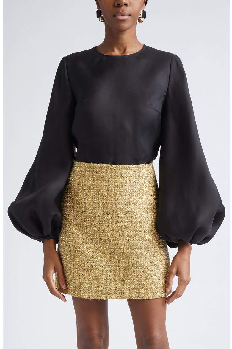 Puff Sleeve Silk Gazar Top, Main, color, BLACK