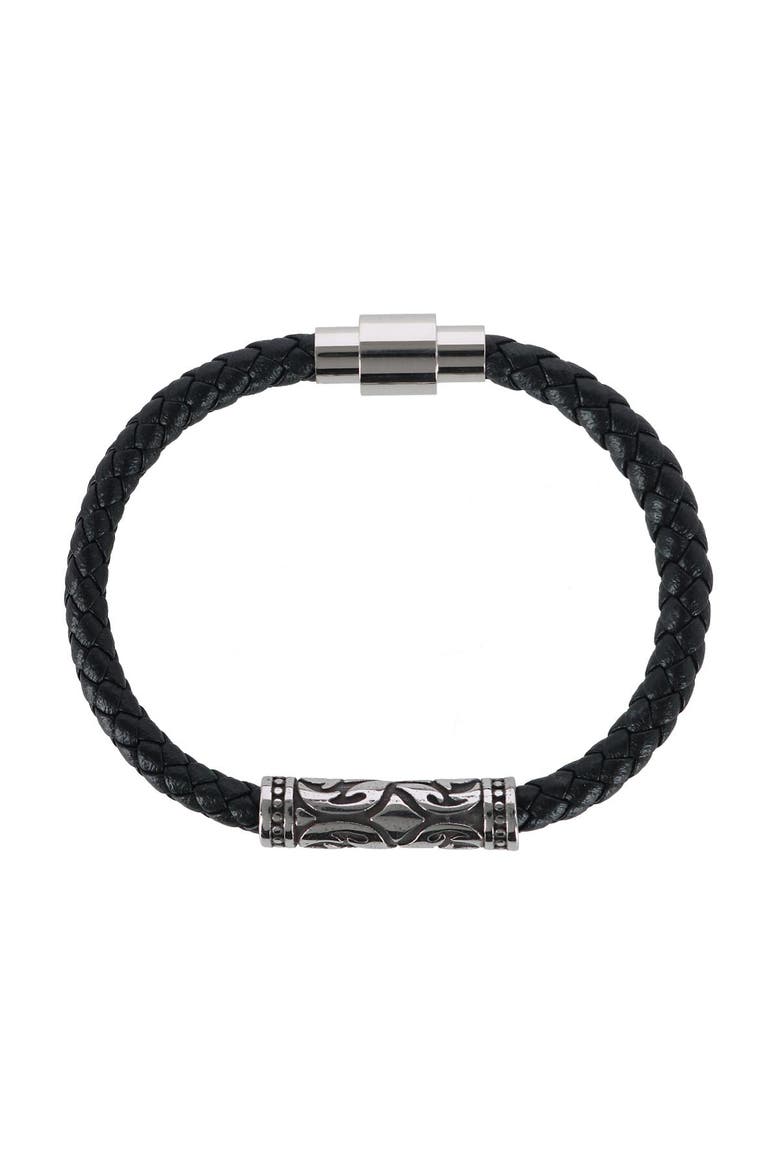 Silver Filigree Pattern on Black Leather Bracelet, Alternate, color, Black