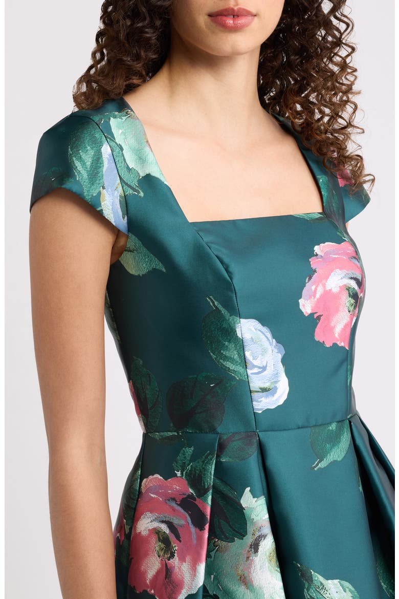 Floral Cap Sleeve Fit & Flare Satin Midi Dress, Alternate, color, HUNTER