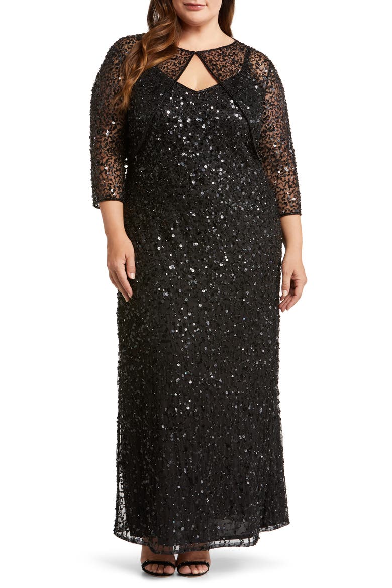 Sequin Mesh Gown with Jacket, Main, color, BLACK 001
