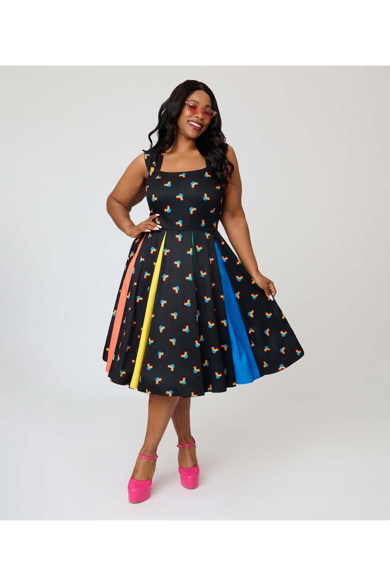 Plus Size Square Neck Sleeveless Godet Swing Dress, Alternate, color, Black Rainbow Mickey Print