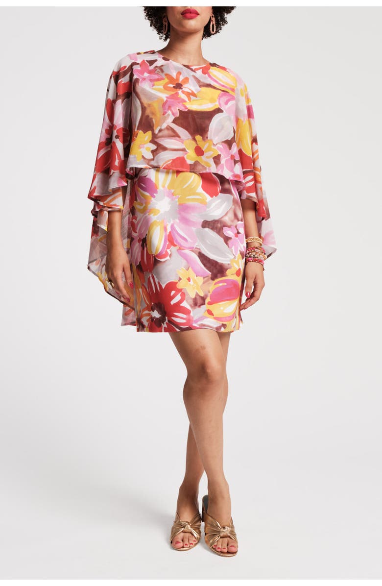 Frances Valentine Mini Cape Dress Sun Floral Poly Chiffon, Main, color,