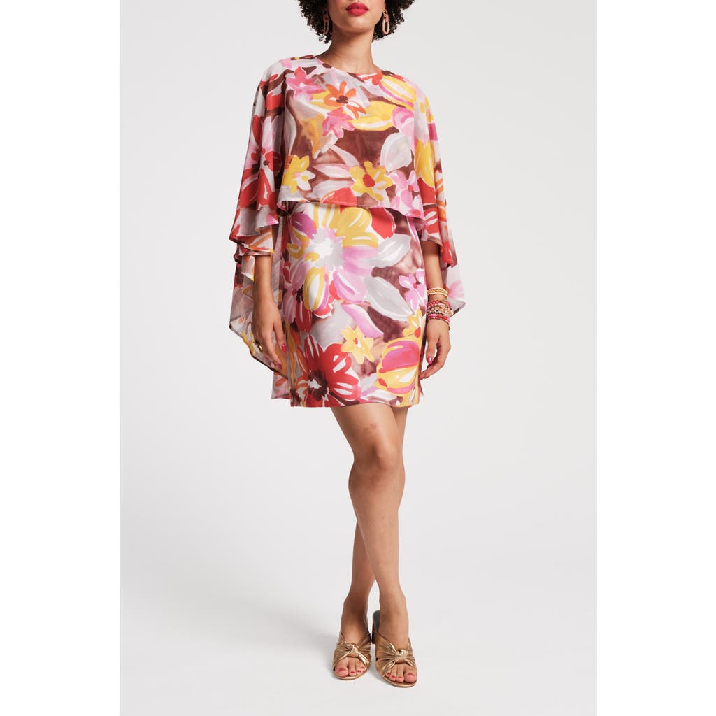 FRANCES VALENTINE FRANCES VALENTINE MINI CAPE DRESS SUN FLORAL POLY CHIFFON