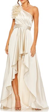 Ieena for Mac Duggal Ruffled One Shoulder Cut Out Hi-Lo Gown