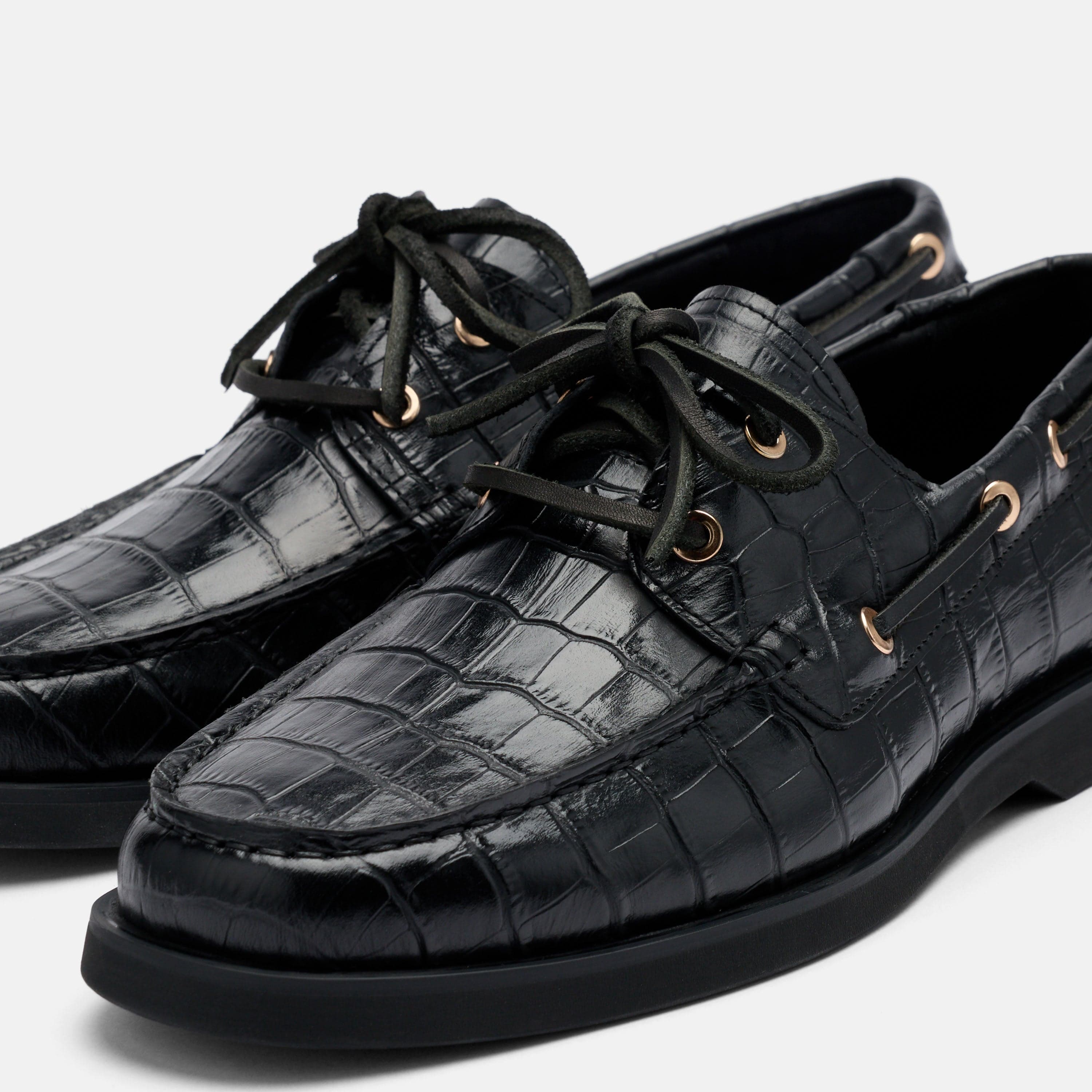 MARC NOLAN Ms. Capri Black Croc Leather Boat Shoes, Alternate, color, Black
