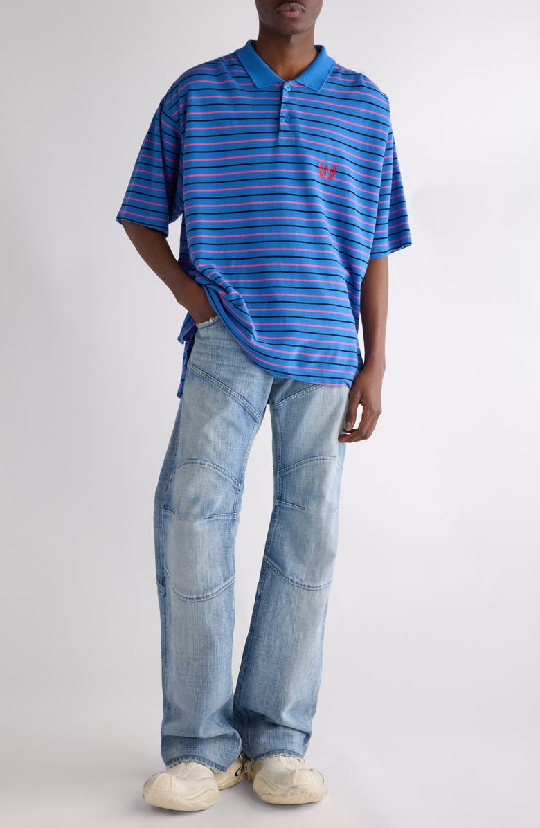 Balenciaga Laurel Embroidered Oversize Cotton Piqué Polo, Alternate, color, 4326 Blue/ Pink
