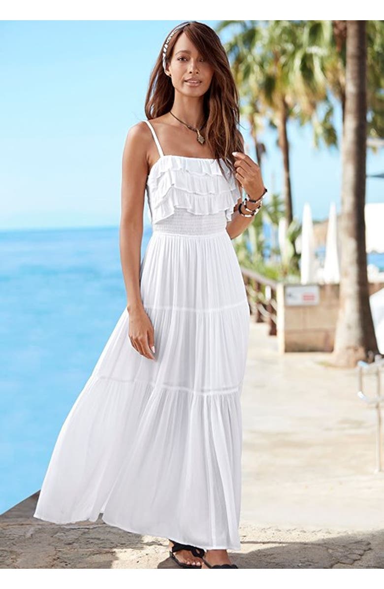 LASCANA Women's Ruffle Tie Back Maxi Dress, Alternate, color, White