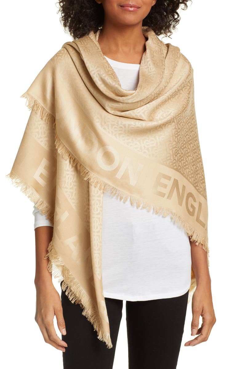 Burberry Monogram Jacquard Silk & Wool Scarf, Alternate, color, 