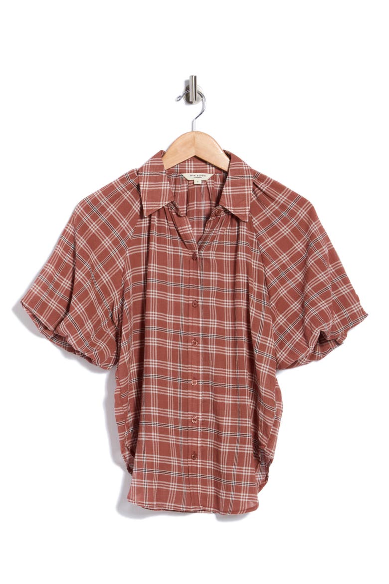 Plaid Bubble Sleeve Shirt, Main, color, RUST/ BROWN/ IVORY PLAID