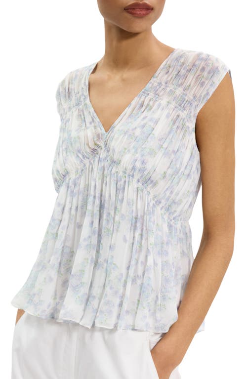 Theory Ruched Sleeveless Top In Floral Silk In Gray