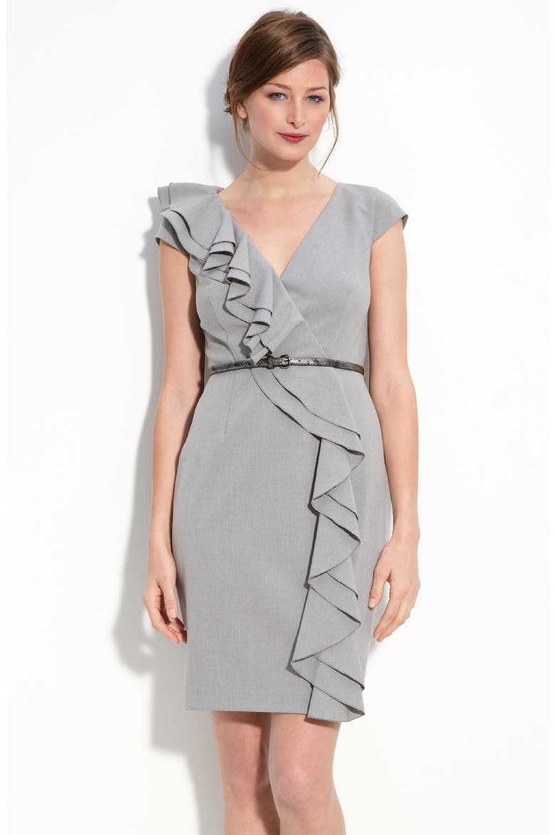 Ruffle Front Stretch Woven Sheath Dress, Main, color, TIN