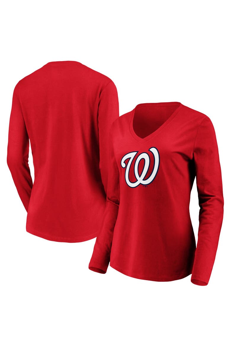 Women's Fanatics Branded Red Washington Nationals Official Logo Long Sleeve V-Neck T-Shirt, Alternate, color, Red