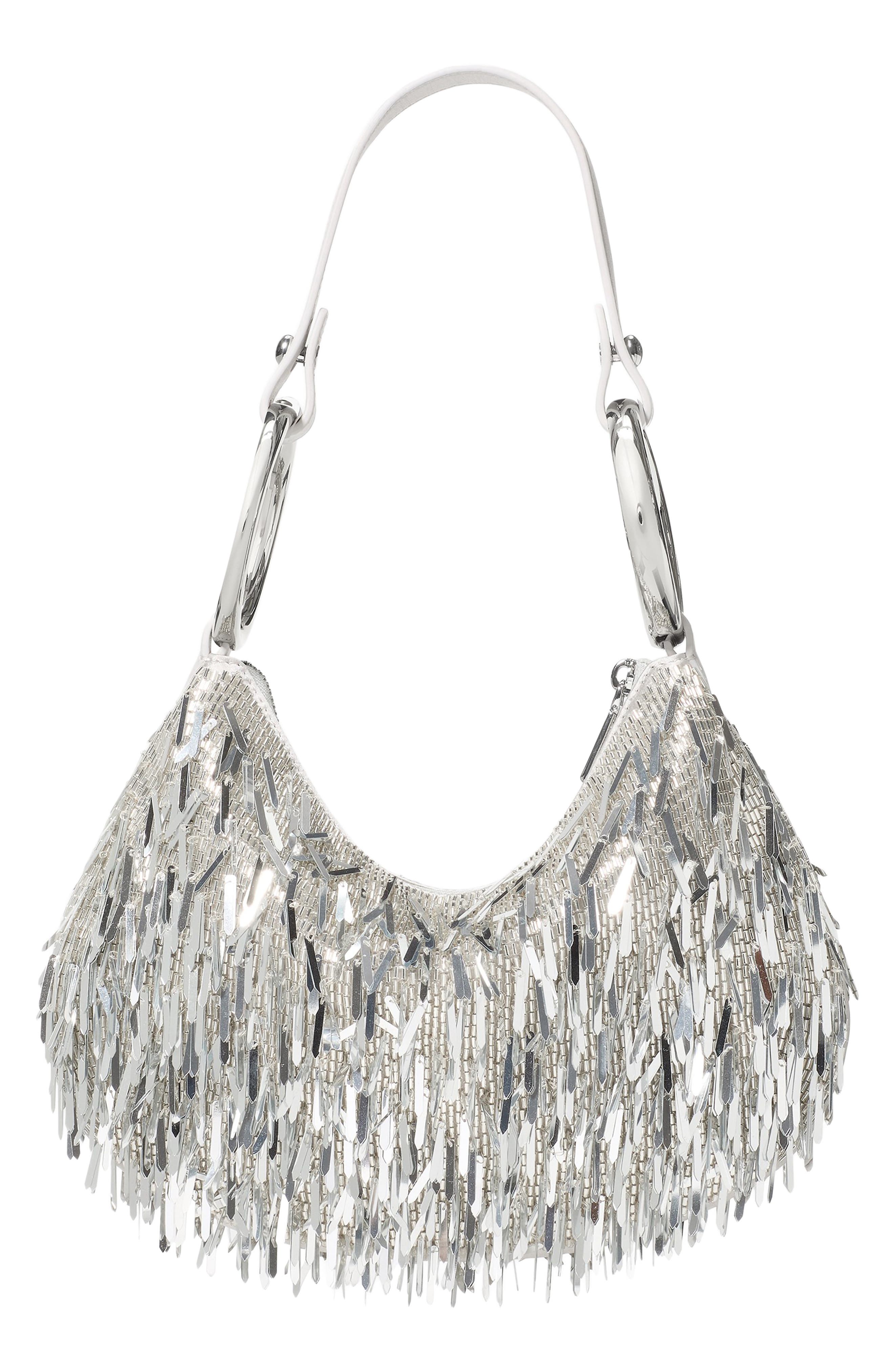 the bangle metallic fringe shoulder bag, Alternate, color, SILVER