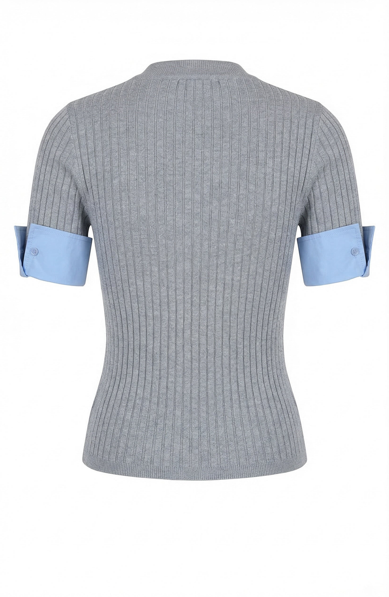 Modenaire Ribbed Knit Short Sleeve Top, Alternate, color, Heather Grey / Light Blue
