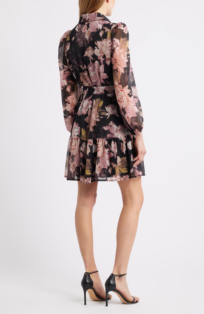 Anne Klein Long Sleeve Floral Chiffon Shirtdress, Alternate, color, Anne Black Multi