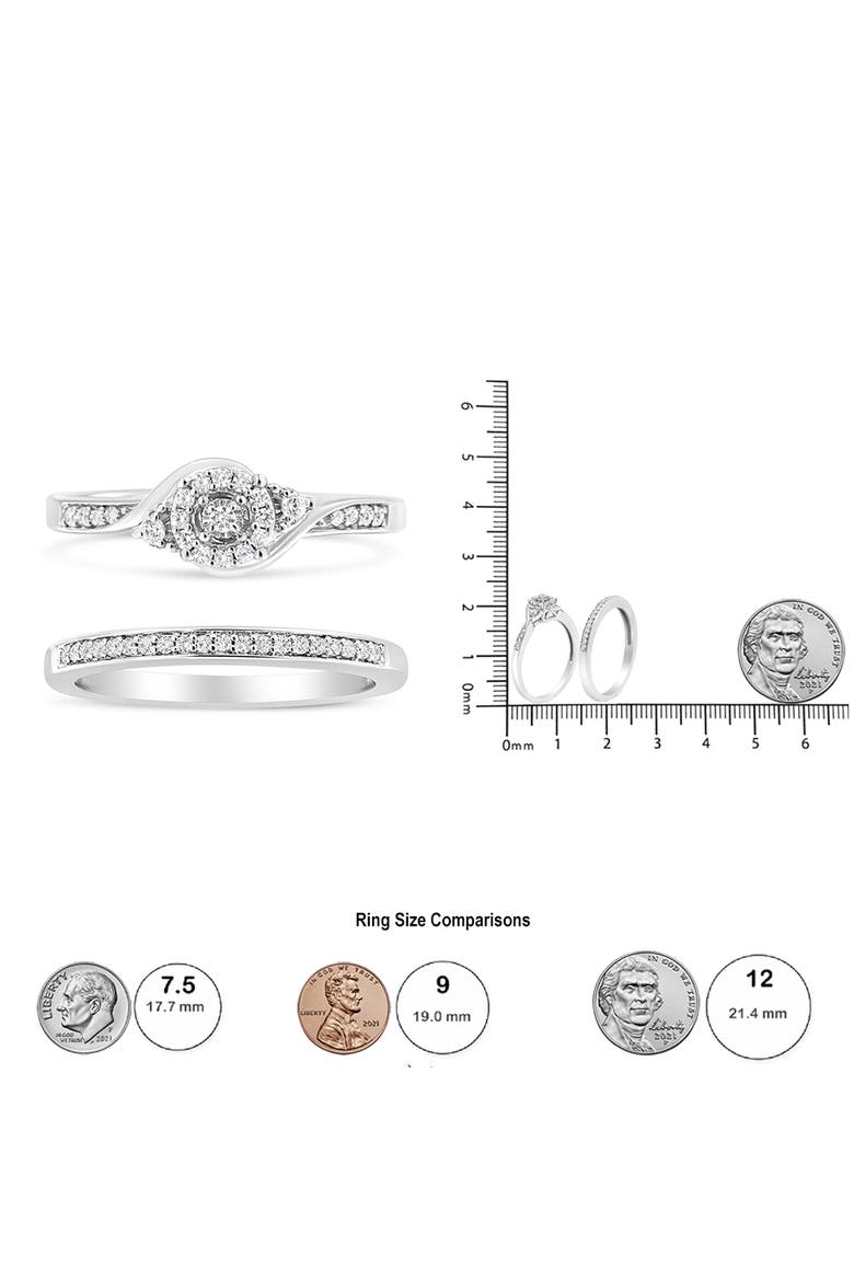 Silver 1/4 Cttw Diamond Halo and Swirl Engagement Ring and Wedding Band Set, Alternate, color, White