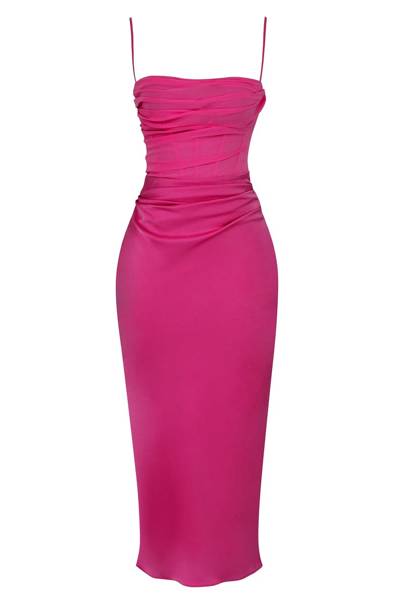 HOUSE OF CB Teia Mixed Media Satin Georgette Midi Dress, Alternate, color, Hot Pink