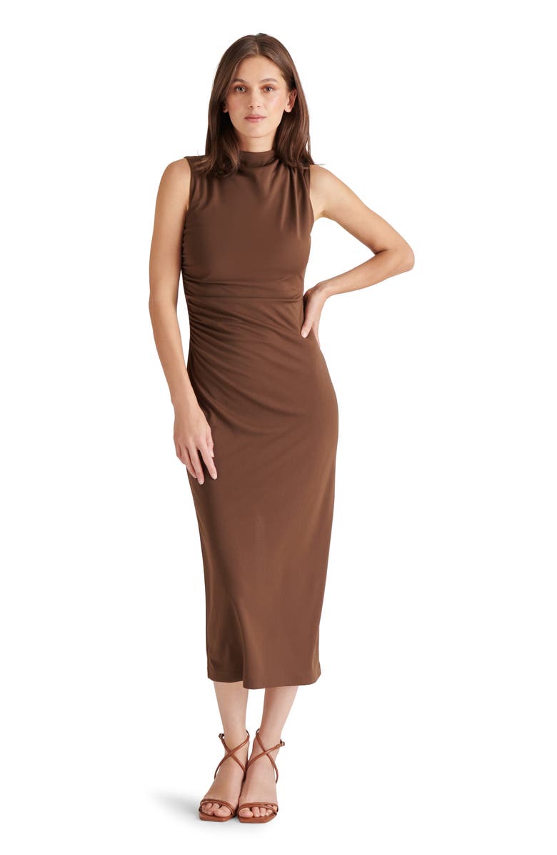 Steve Madden Sleeveless Ruched Midi Dress, Alternate, color, Chocolate Martini