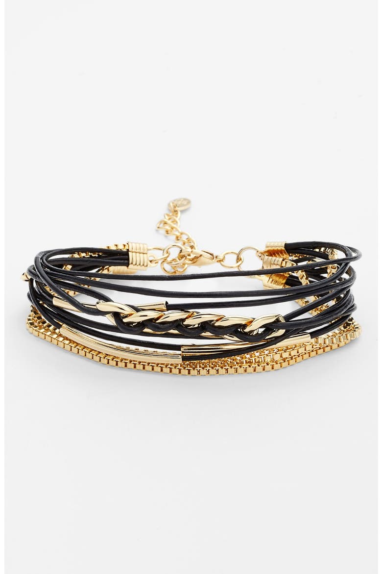 Chain & Leather Cord Wrap Bracelet, Main, color, BLACK/ GOLD