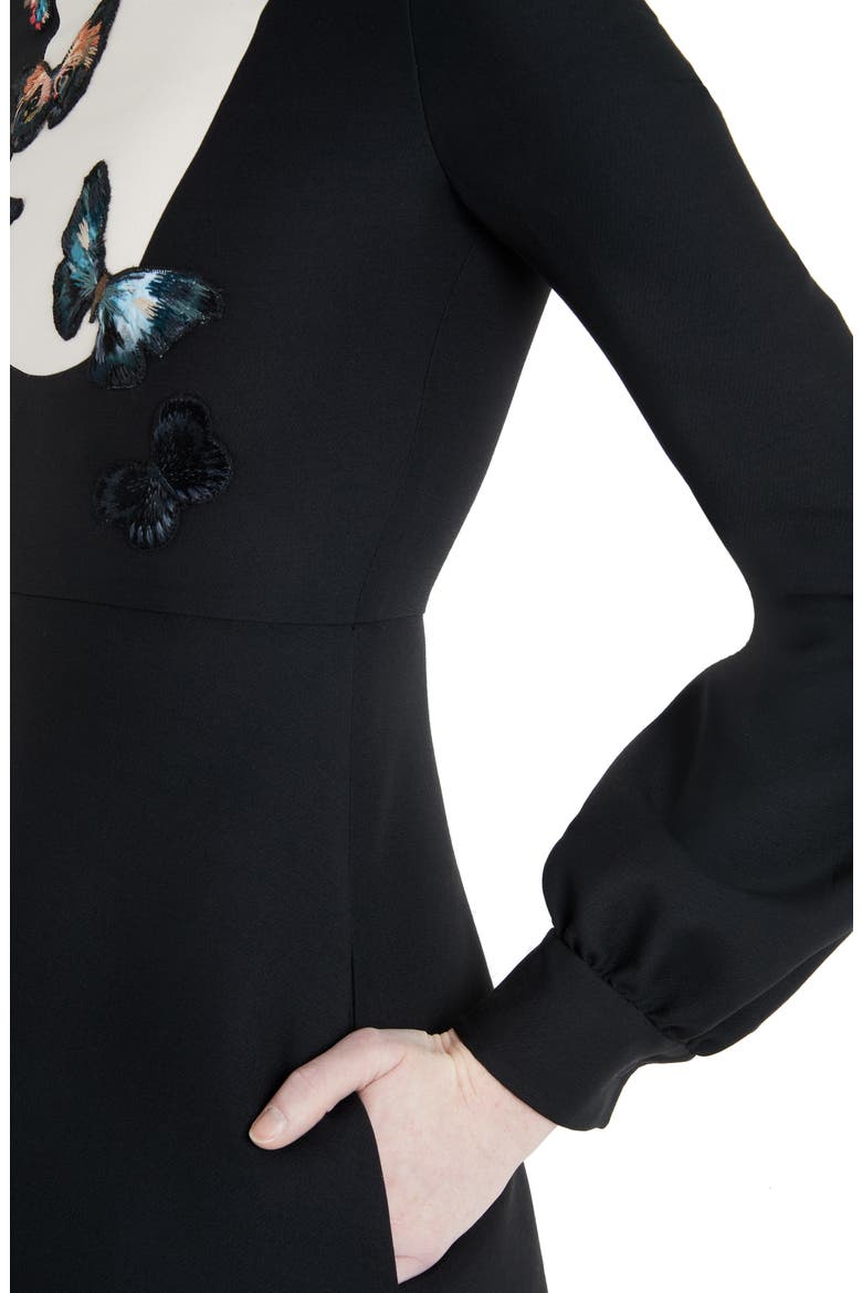 Butterfly Embroidered Long Sleeve Contrast Bib Minidress, Alternate, color, 0NA-BLACK/ IVORY