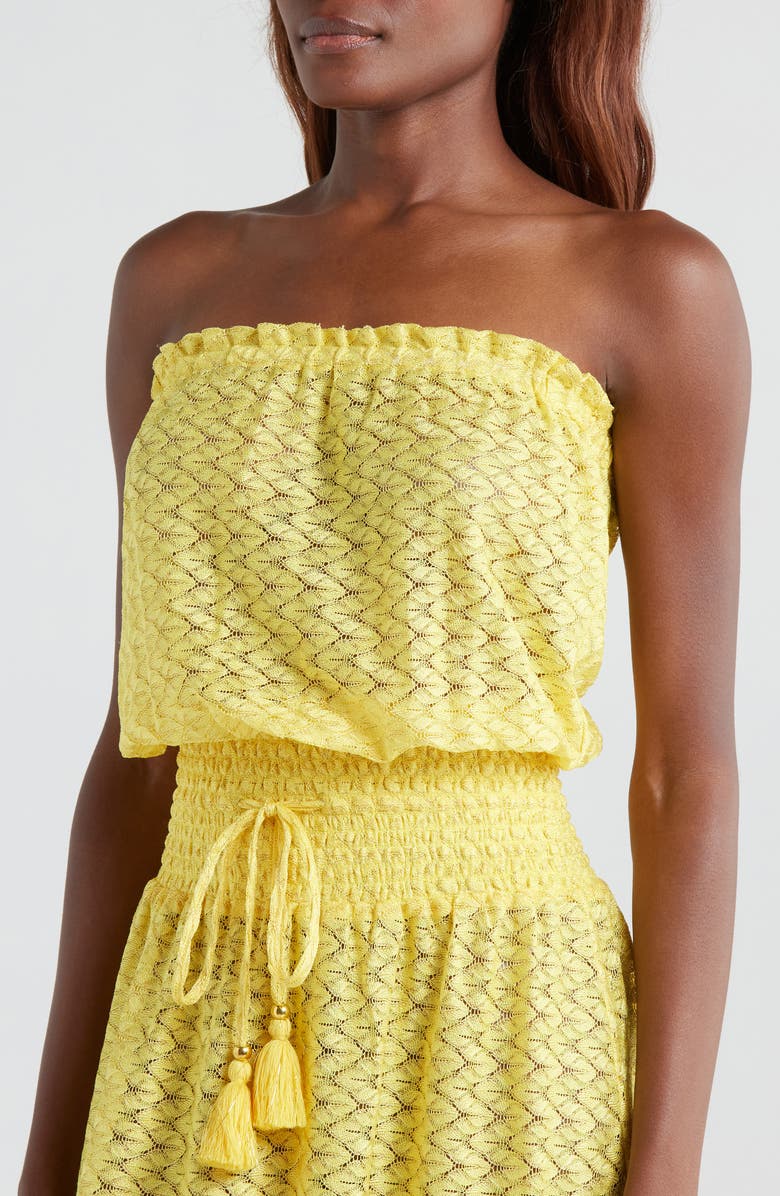 Ramy Brook Lauryn Strapless Fringe Hem Minidress, Alternate, color, Lemon Drop Zig Zag